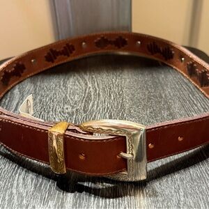 Vintage Fossil Brown Leather Southwest Silver Concho Cowgirl Boho Belt Sz M 33”